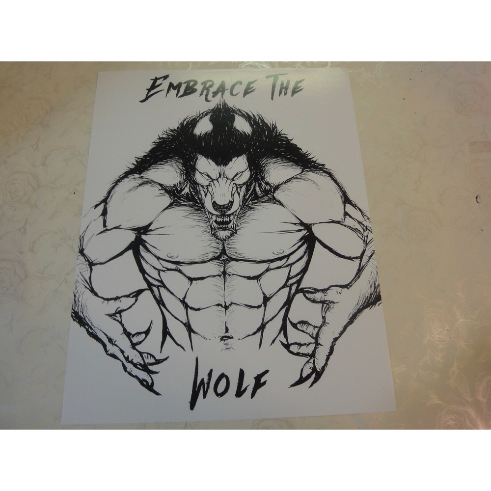11X 13.5 EMBRACE THE WOLF wearwolf black white art print estate sale find